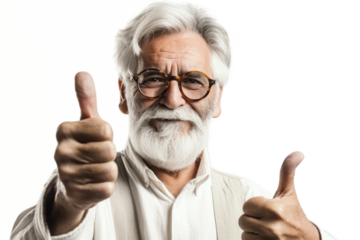 Portrait of happy elderly person showing thumbs up gesture isolated on transparent background, Expressing positivity and approval gesture