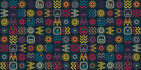 Seamless vector ethnic pattern on black. Bright tribal indian Navajo fabric print. Retro web page fill Aztec seamless native folk wrapping paper texture. Abstract 70s 80s art color background