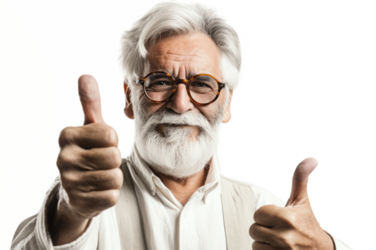 Portrait of happy elderly person showing thumbs up gesture isolated on transparent background, Expressing positivity and approval gesture