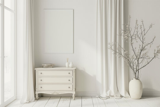 Serene White Interior with Vintage Flair. A bright corner showcasing a classic dresser, empty picture frame, and dried twigs in a ceramic vase.