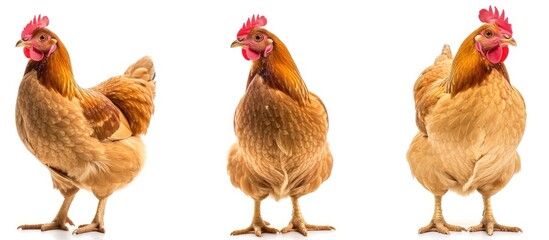Three charming hens stand in a group next to each other, isolated on a white background. - obrazy, fototapety, plakaty