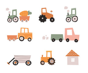 Farm agricultural tractor cars excavator machine vehicle hand drawn doodle education set farm.