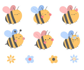 Cute kid bee flowers spring summer collection nursery kid cartoon rabbit bunny horse educational stickers, poster.