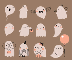 Cute vector nursery kid ghost collection celebration template set with balloons, wings, pumpkins greeting decoration. 
