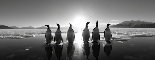 In the pristine wilderness of Antarctica, penguins huddle together on the ice, resilient against the harsh environment - obrazy, fototapety, plakaty