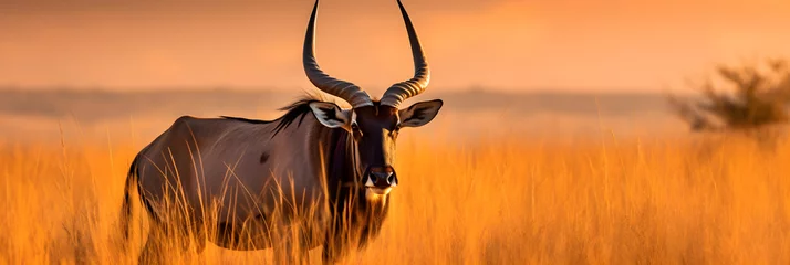Poster Majestic Portrait of Gnu Antelope in its Natural Savannah Habitat Against the Backdrop of Azure Skies © Bruce