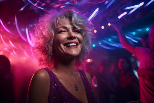 Happy woman dancing in a party night club photography generative ai