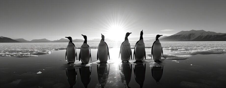 In the pristine wilderness of Antarctica, penguins huddle together on the ice, resilient against the harsh environment