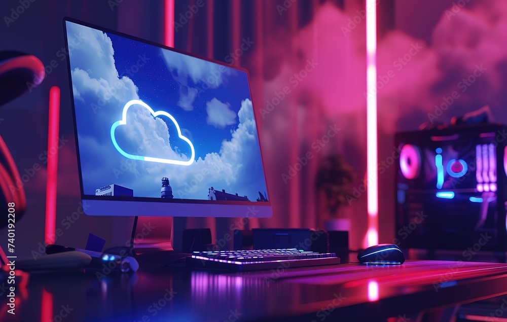 Poster modern computer monitor displaying cloud icon