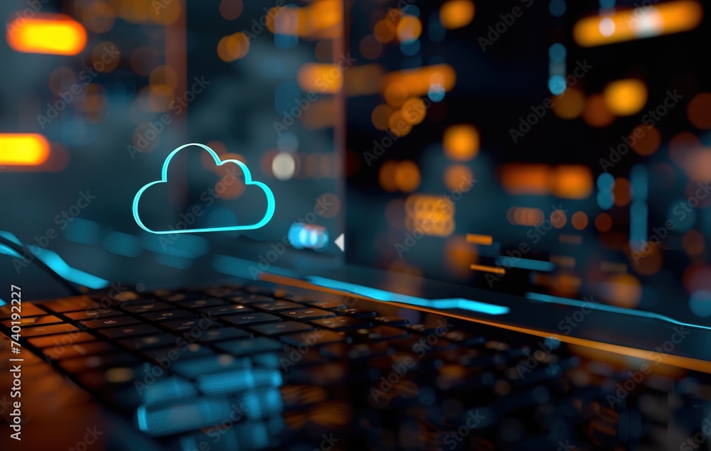 Poster modern computer monitor displaying cloud icon