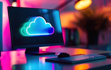 Modern computer monitor displaying cloud icon