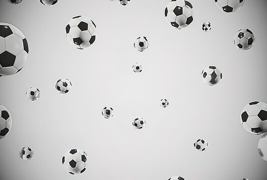 Dynamic display of floating soccer balls of different sizes on a neutral background