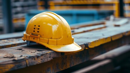 beautiful yellow construction helmet on a construction site