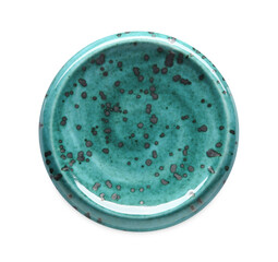 Turquoise ceramic plate isolated on white, top view
