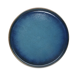 Blue ceramic plate isolated on white, top view