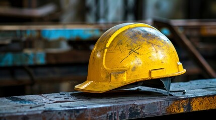 beautiful yellow construction helmet on a construction site in high definition