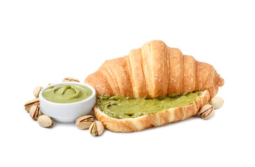 Croissant with tasty pistachio cream and nuts isolated on white