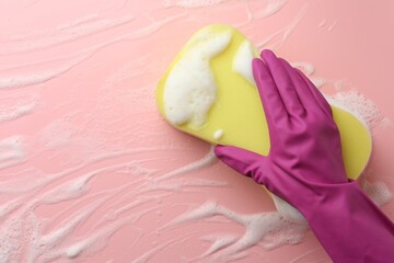 Cleaner in rubber glove holding sponge with foam on pink background, top view.