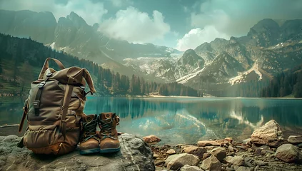 Foto op Canvas An illustration featuring a backpack and hiking boots placed on the shore of a lake, with majestic mountains in the background. The concept of hiking and travel adventures. © jex