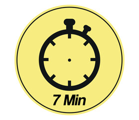 7 minutes stopwatch symbol. Timer sign icon yellow and black isolated on white background