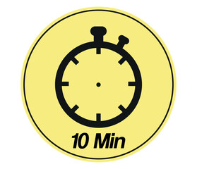 10 minutes stopwatch symbol. Timer sign icon yellow and black isolated on white background