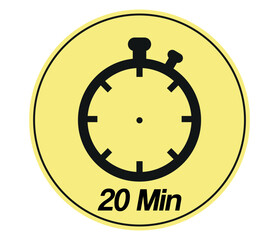 20 minutes stopwatch symbol. Timer sign icon yellow and black isolated on white background