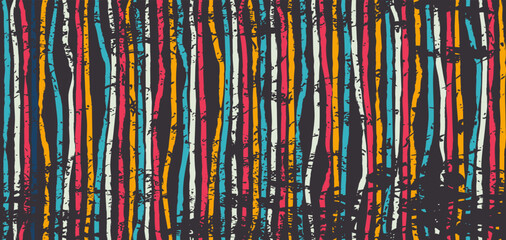 Retro distressed seamless pattern hand drawn colorful paint lines on black. Vector summer rainbow line abstract background. Scratched art striped wrapping paper print. Web page fill folk texture - 740194278