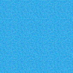 Abstract seamless pattern with geometric rounded ornament. Thin white lines, circles, chaotic waves, loops, curls on bright blue background. Vector texture design for wallpaper, fabric, wrapping paper
