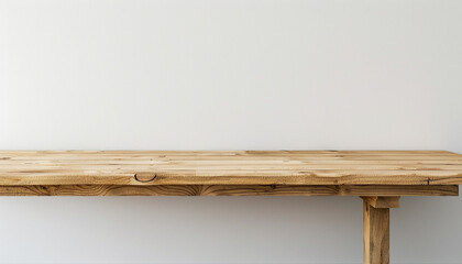 Empty wooden white table with white wall background