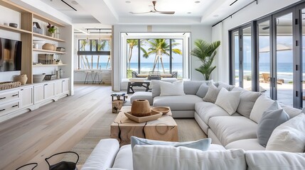 a contemporary coastal living room with a sectional sofa, ocean views, and beach inspired decor - obrazy, fototapety, plakaty