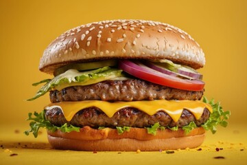 Cheeseburger with Sesame Bun on Yellow
