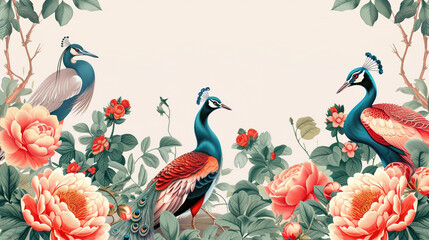 Chinoiserie Crane Birds in Floral Trees, Exotic Wallpaper Oriental Design, Chinese Blooming Garden Flowers on neutral Background Seamless Pattern