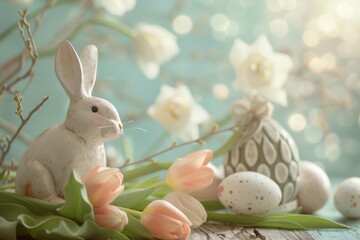 Naklejka na ściany i meble Happy Easter Eggs bedtime story. Bunny hopping in flower spring decoration. Adorable hare 3d bunny decor rabbit illustration. Holy week turquoise spring card lemon