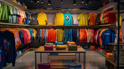 Color coordinated apparel displayed neatly in clothing store. - obrazy, fototapety, plakaty