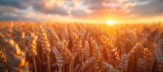 As the sun sets behind a vast field of wheat, the golden hues of the sky illuminate the bountiful harvest, a symbol of nature's abundance and the tireless efforts of agriculture - obrazy, fototapety, plakaty