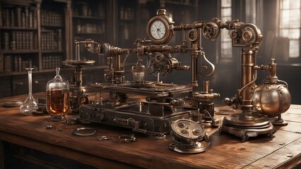 Fototapeta na wymiar old machine a steampunk, Science Chemical medical research lab with Microscope. 