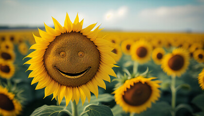 Smiling sunflower field banner, Ai generated image