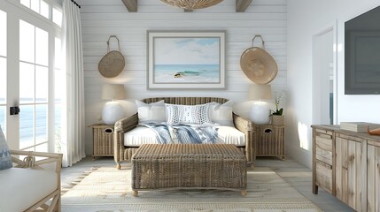 A coastal inspired guest room with a wicker loveseat in driftwood finish, echoing the natural elements of the beach - obrazy, fototapety, plakaty