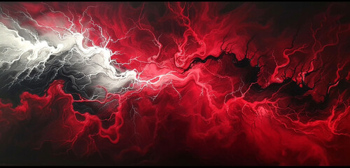 An abstract red and black electric storm, crackling with energy, captured in HD quality and 4K detail - obrazy, fototapety, plakaty