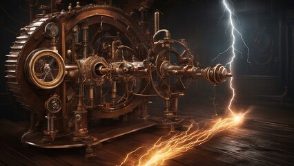 machine in a factory  A steampunk vector illustration of abstract electric lightning. Concept for battle, confrontation