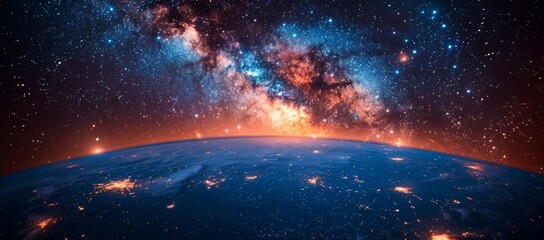 A mesmerizing planet illuminated by a dazzling display of stars and galaxies in the vastness of...