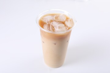 Plastic cup of fresh iced coffee isolated on white