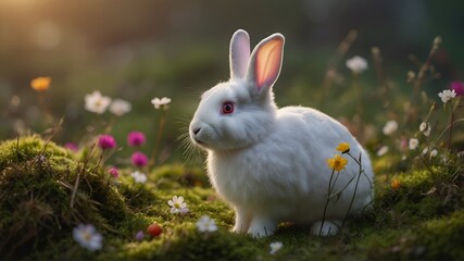 White easter rabbit with easter eggs, on grass and flower background