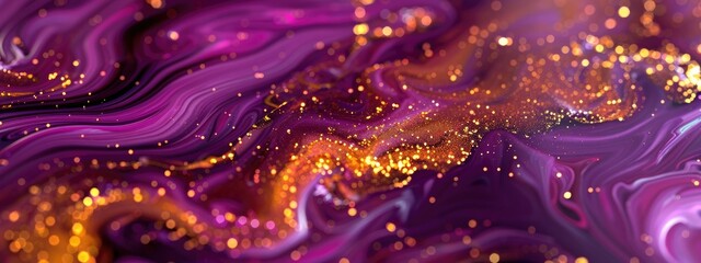 Purple liquid with tints of golden glitter, Purple background with a scattering of gold sparkles, Magic Galaxy of golden dust particles. Luxury, premium, beauty