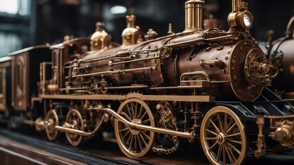 Fototapeta na wymiar steam locomotive wheels A close-up view of a steampunk train, with copper wheels, brass pipes, 