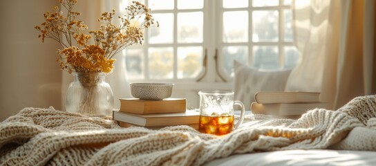 Cozy and inviting, a cup of tea and a stack of books await on a soft blanket, surrounded by elegant linens and a vase of vibrant flowers in a sunlit room with a stunning wall and window display