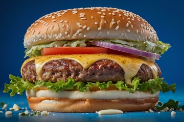 Gourmet Beef Burger on Blue Backdrop