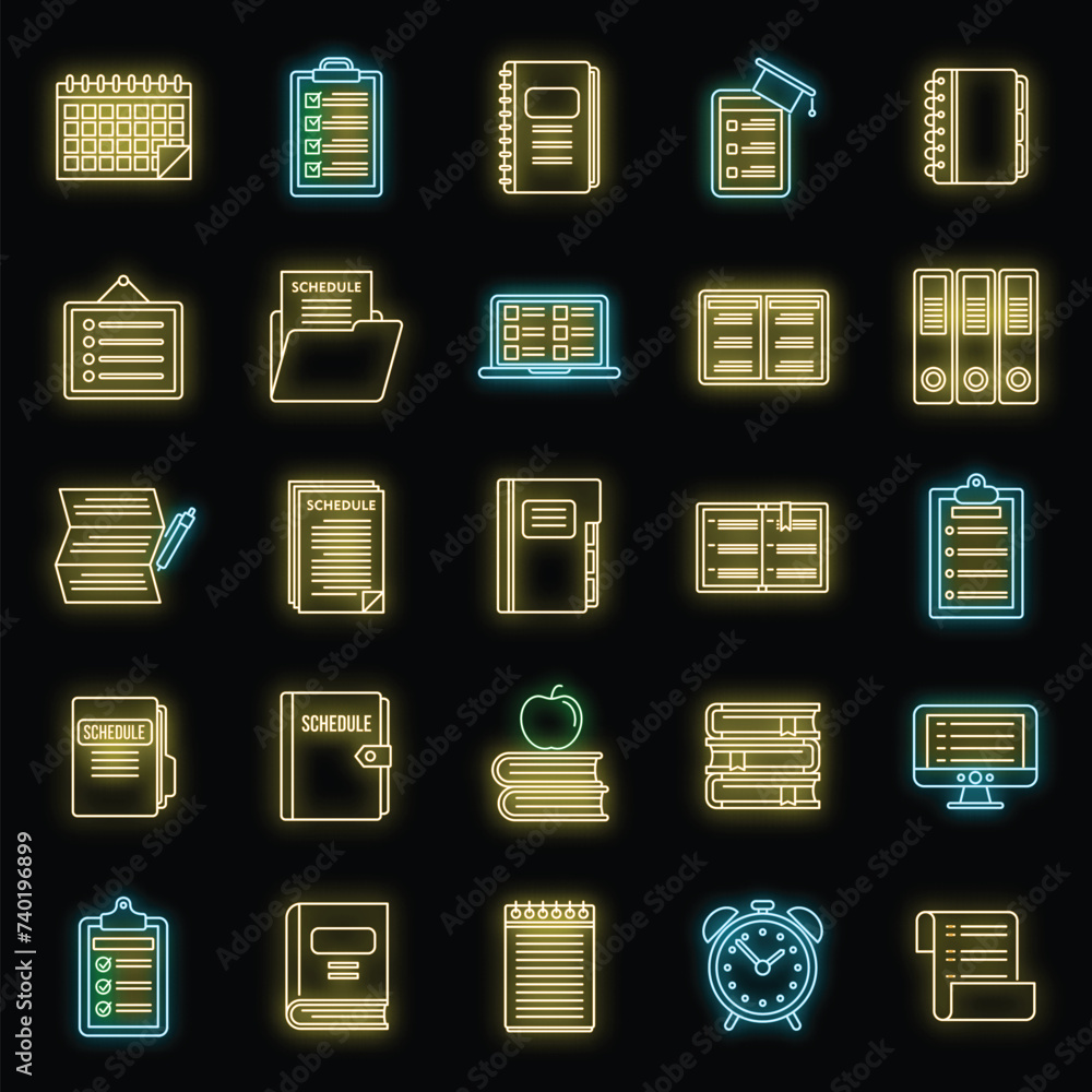 Poster syllabus week icons set. outline set of syllabus week vector icons neon color on black