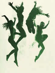 The image features four overlapping silhouettes of female dancers captured in mid-air, showcasing a...