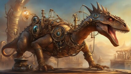 dragon in the sky _a steampunk,         A close-up view of a steampunk dinosaur, with iron scales, brass spikes,  